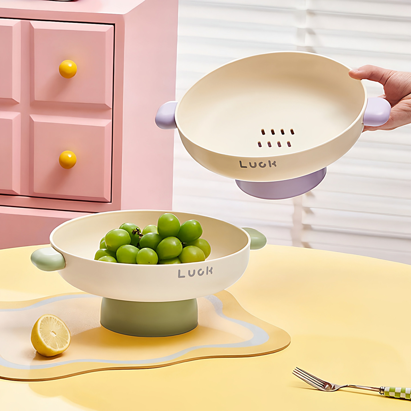 高脚水果盘多巴胺2025新款家用客厅茶几糖果盘沥水盆塑料双耳果盘