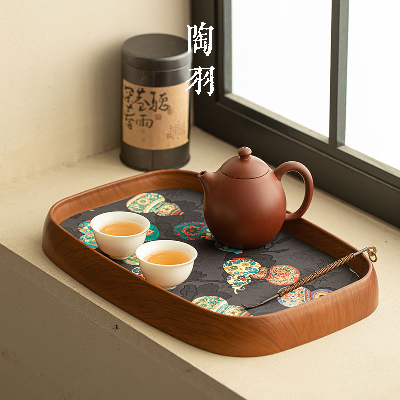 福禄织锦茶盘托盘中式木质家用茶盘胡桃色轻奢复古功夫茶具干泡盘