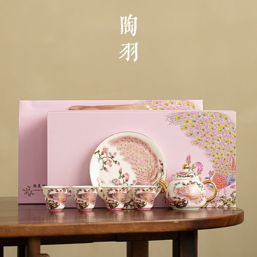 羊脂玉掐丝银孔雀一壶四杯