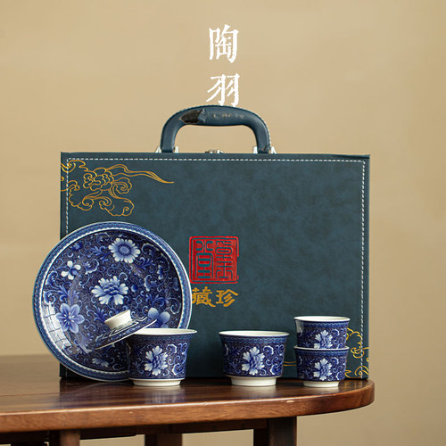仿古青花缠枝牡丹三才盖碗茶杯家用泡茶小套组陶瓷功夫茶具套装