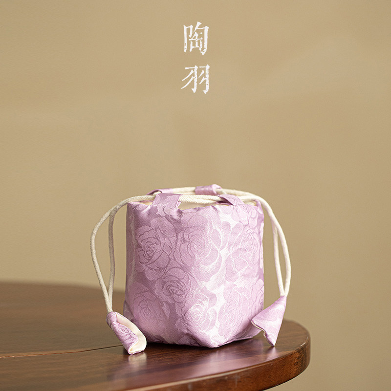 紫玫瑰抽绳束口茶布包茶具收纳