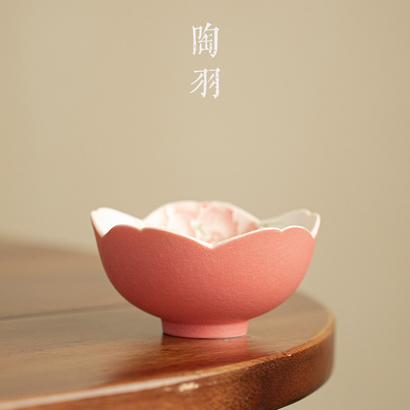 岩矿白手绘堆雕桃粉蝶兰语茗杯家用防烫陶瓷茶杯个人专用主人杯