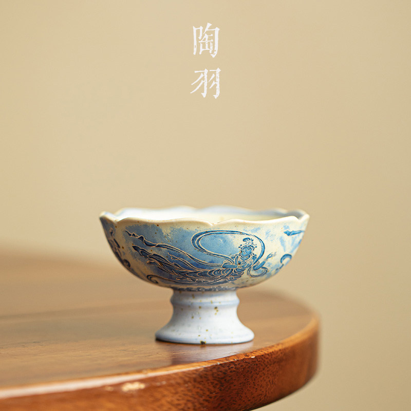 青花火石红敦煌飞天高足莲盏杯家用陶瓷茶杯复古功夫茶具品茗杯
