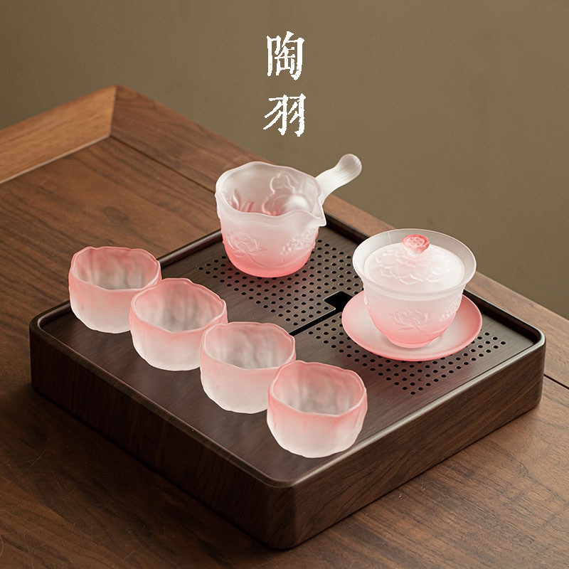粉雾荷塘月色三才盖碗配四杯高档家用玻璃茶碗功夫茶具茶盘小套组