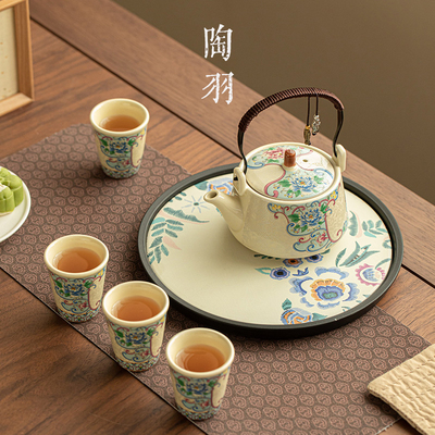 亮光黄银丝牡丹提梁壶一壶四杯