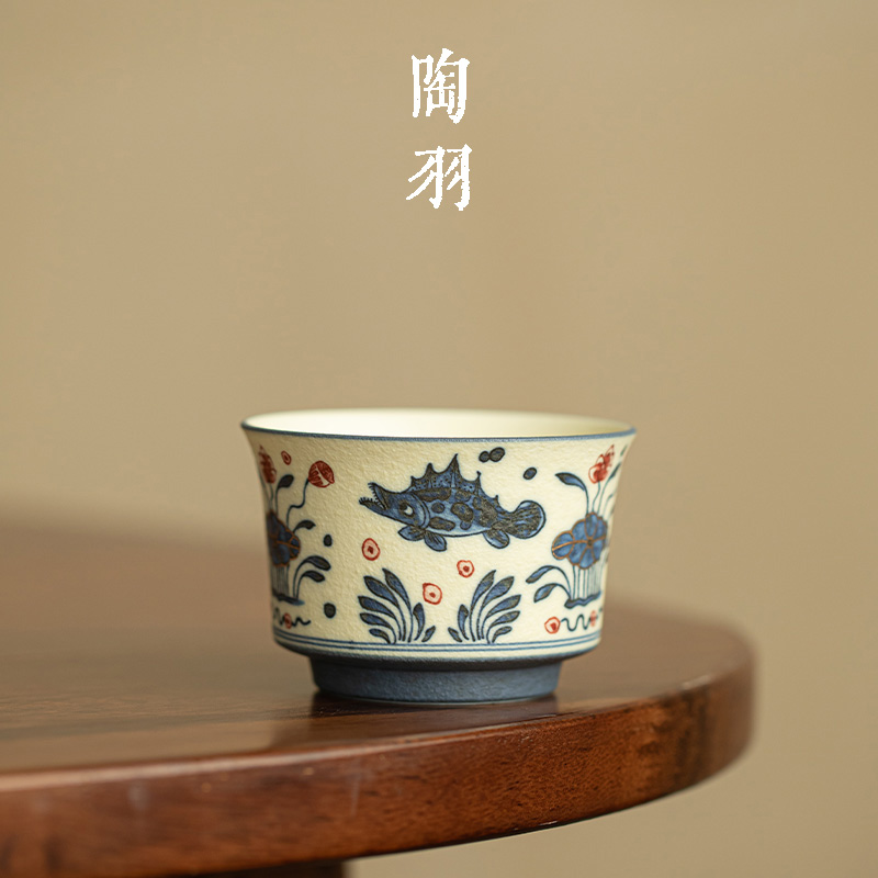 青花鱼藻纹大马蹄杯陶瓷家用