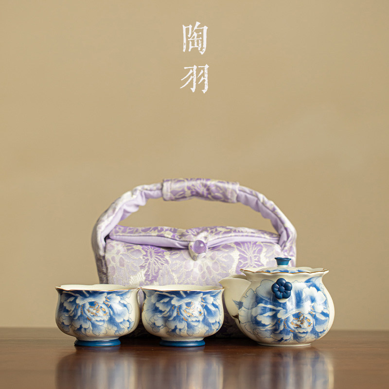 苏打釉富贵牡丹一壶两杯旅行茶具