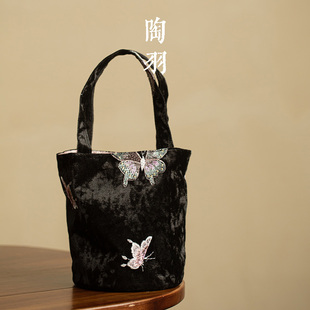 蝴蝶丝绒双面刺绣手提包收纳包一壶四杯茶杯袋茶壶便携旅行茶具包