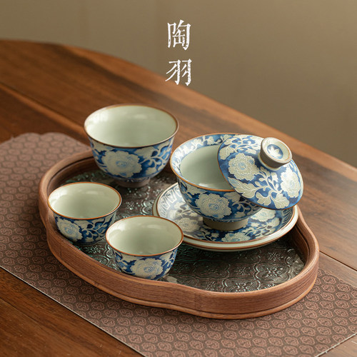 青花悬停三才盖碗一壶三杯