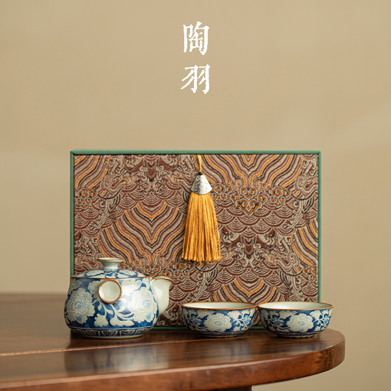 汝窑元青花铜钱壶一壶两杯