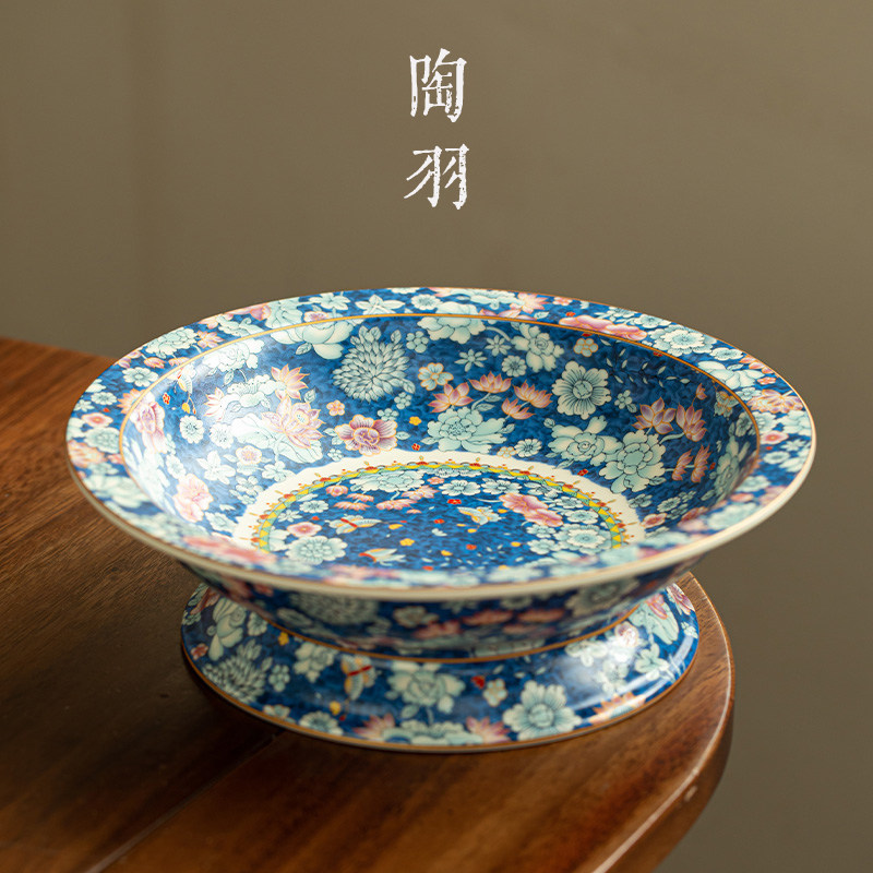 仿古珐琅彩新中式大果盆繁花牡丹陶瓷托盘轻奢功夫茶具茶道配件