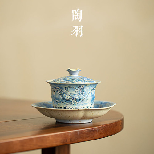 青花火石红敦煌飞天三才盖碗家用防烫陶瓷茶碗中式功夫茶具泡茶碗