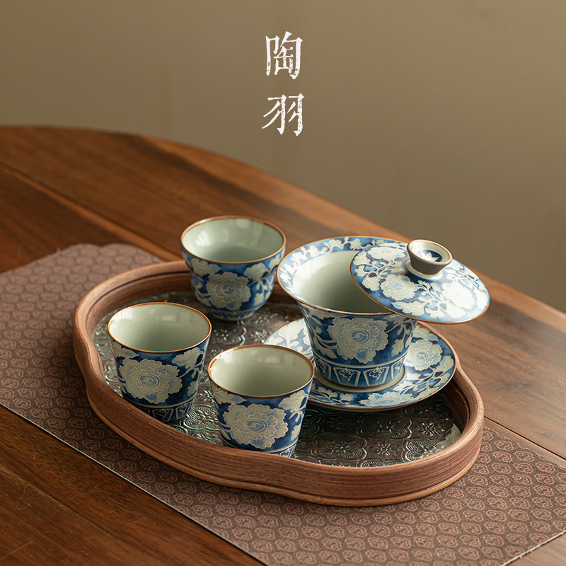 汝窑元青花悬停马蹄三才盖碗