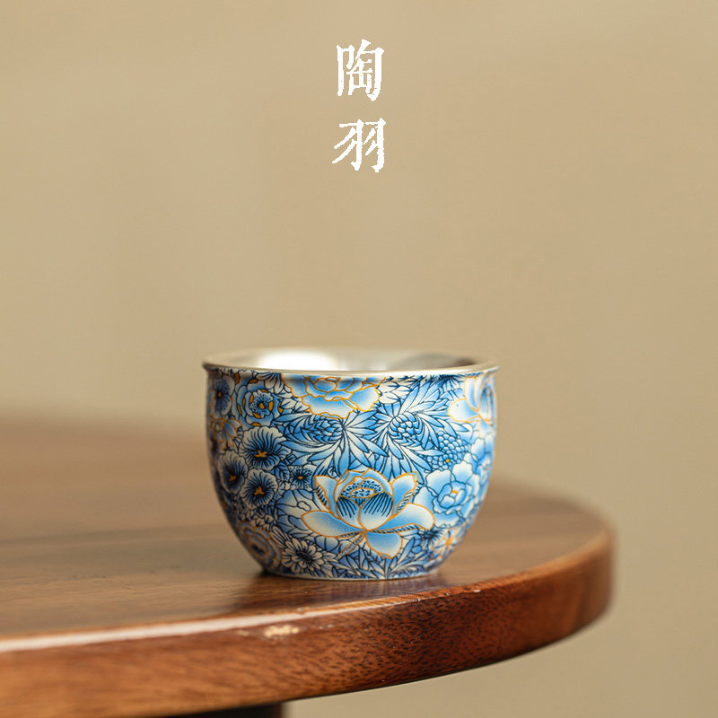 万花鎏银小缸杯家用陶瓷茶杯