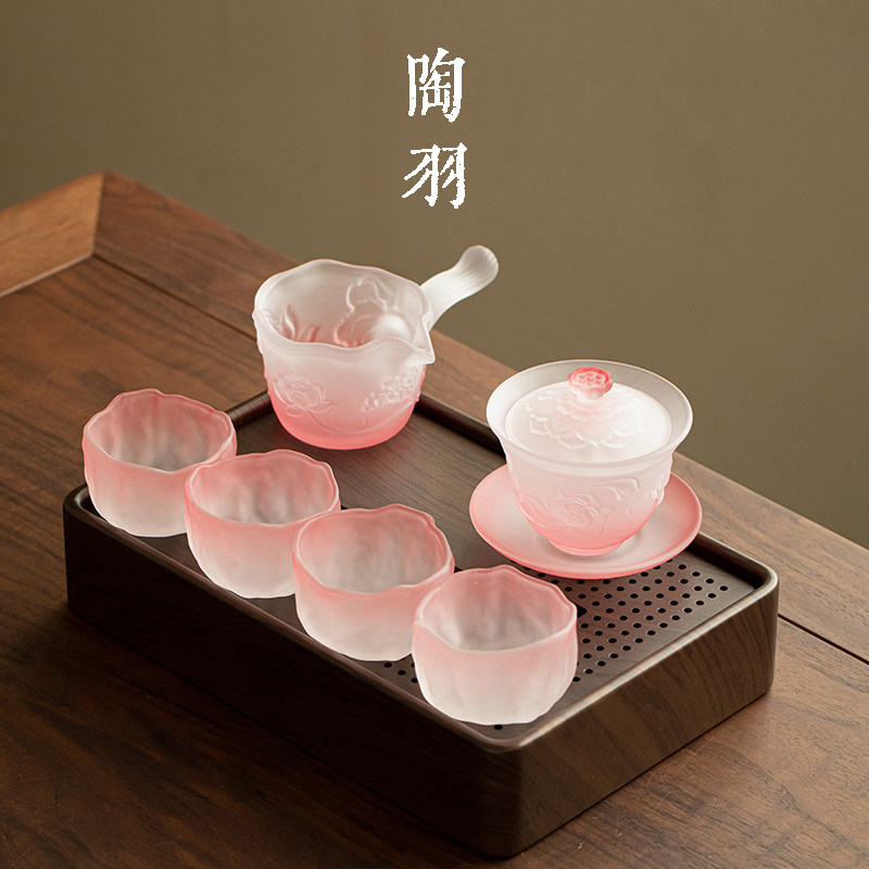 粉雾荷塘月色三才盖碗配四杯家用防烫玻璃茶碗高档功夫茶具小套组