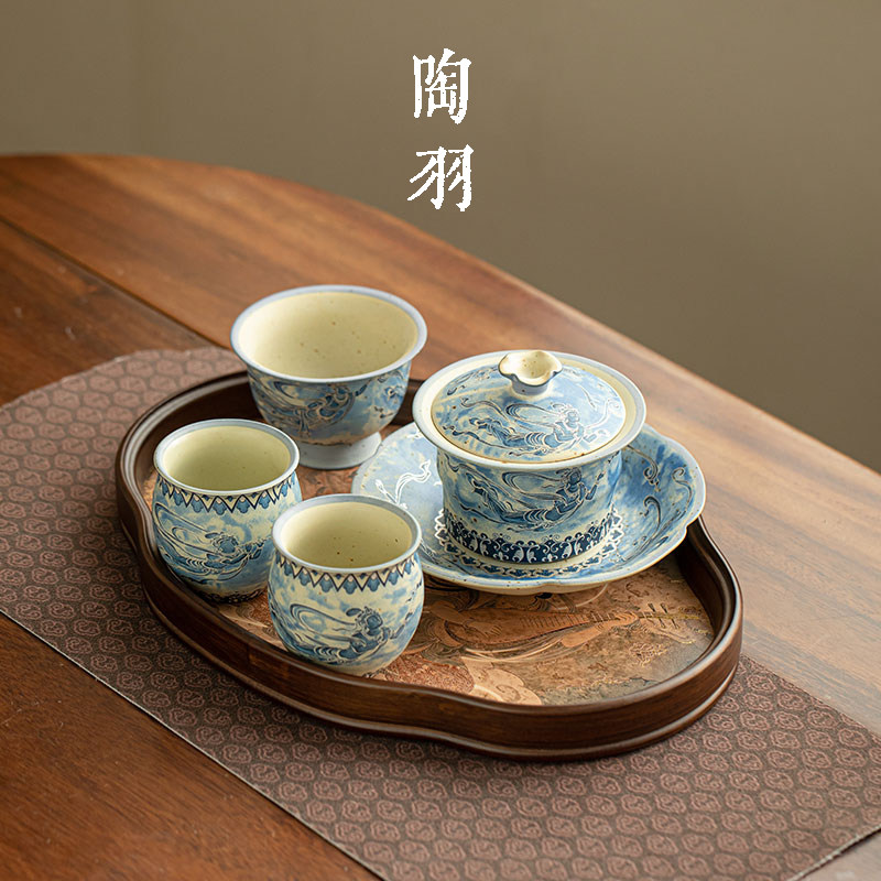 青花火石红敦煌飞天三才盖碗小套组中式功夫茶具一壶三杯陶瓷套装