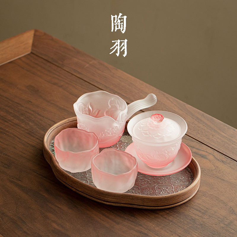 粉雾荷塘月色三才盖碗配四杯家用防烫玻璃茶碗高档功夫茶具小套组