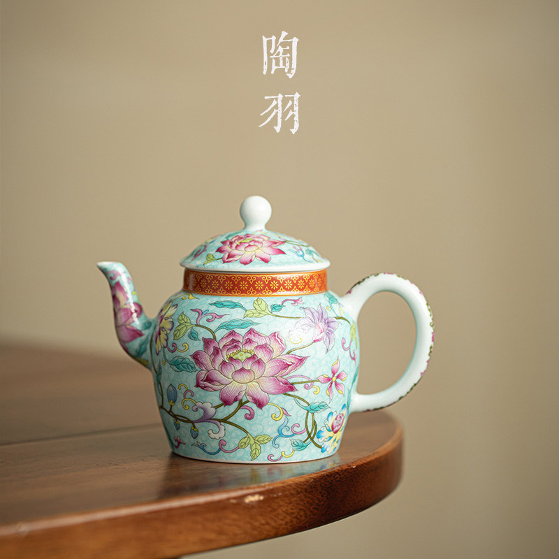 仿古珐琅彩莲华生香莲心壶家用防烫陶瓷茶壶宫廷风功夫茶具泡茶壶