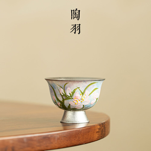 鎏钛手绘云涧桃影高脚茶杯防烫家用陶瓷主人杯新中式高档功夫茶具