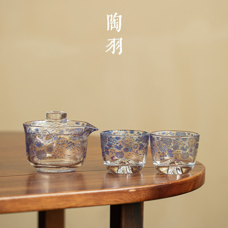高硼硅玻璃繁花手抓一壶两杯家用泡茶壶茶杯户外便携功夫茶具套装