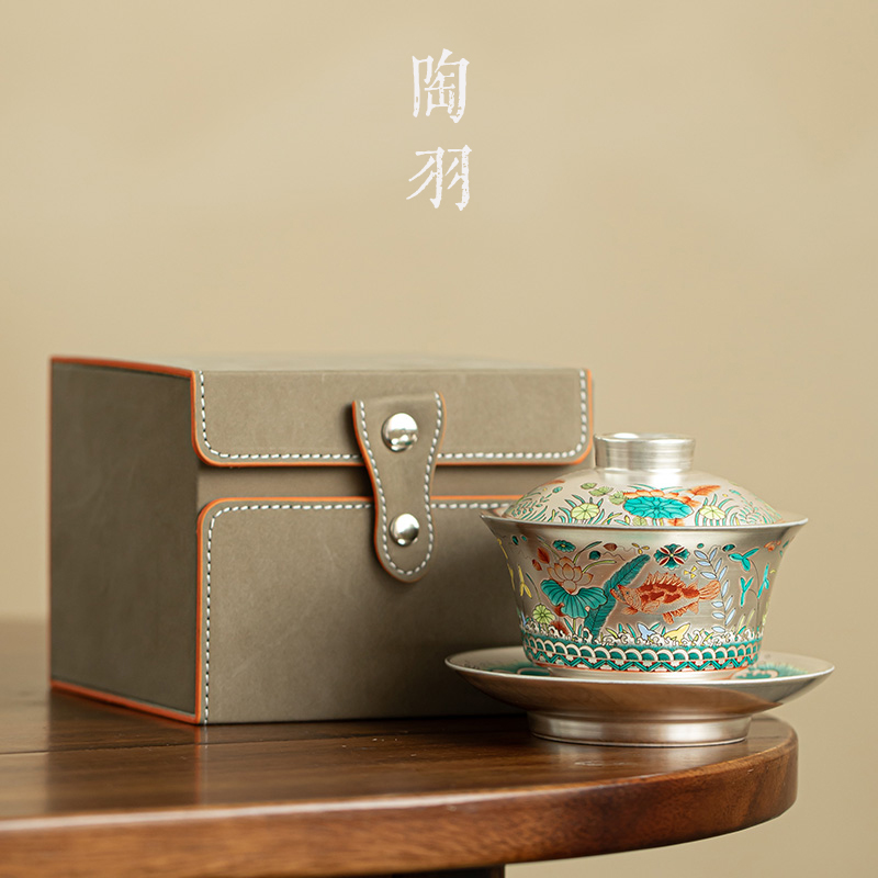 鱼藻纹鎏银三才盖碗单个高档复古小号陶瓷功夫茶具泡茶不烫手茶碗