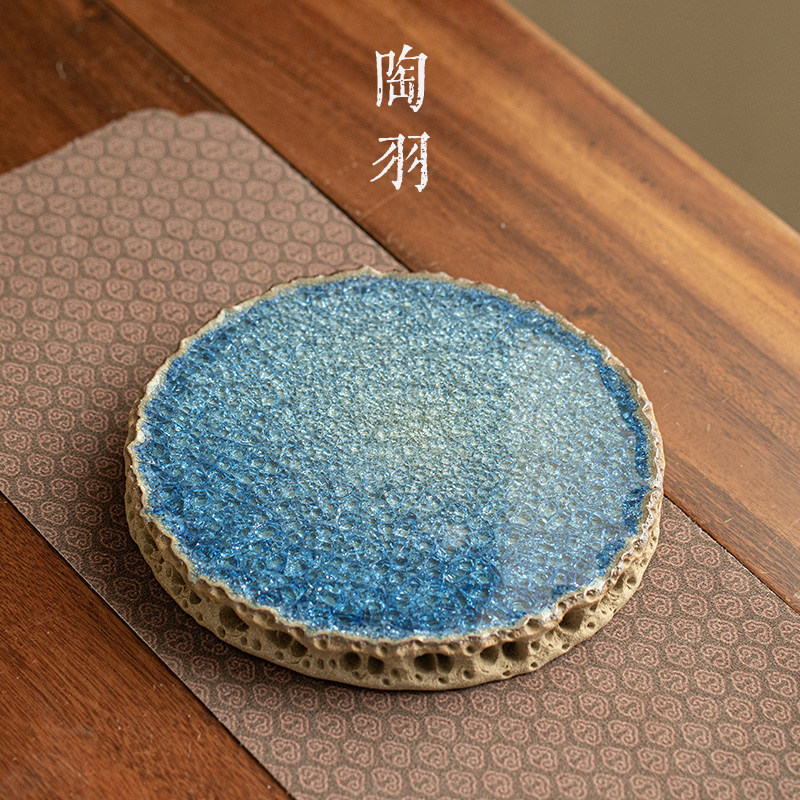 复古陶瓷茶盘圆形老岩泥蓝色釉结晶茶托功夫茶具配件干泡盘家用图片