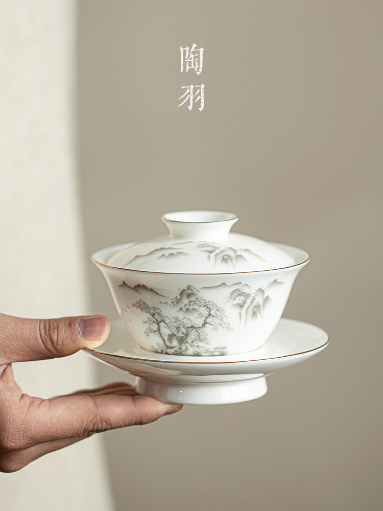 德化白瓷三彩有盖碗茶杯单平烧羊脂玉瓷经典手绘山水碗带盖经典