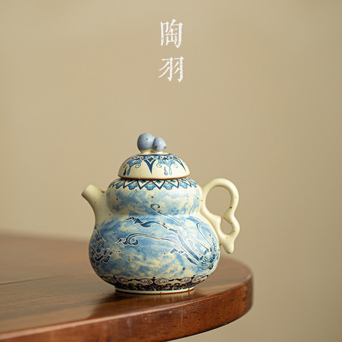 青花火石红敦煌飞天葫芦壶家用防烫陶瓷茶壶功夫茶具单壶个人专用