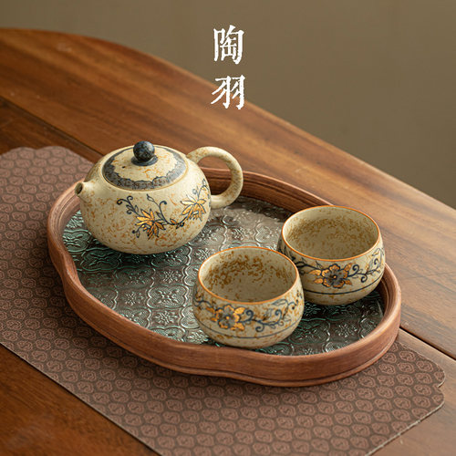 缠枝莲手绘青花火石红西施壶一壶两杯家用陶瓷茶壶茶杯功夫茶具