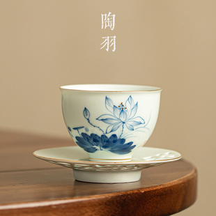 羊脂玉手绘荷花客杯主人杯杯垫茶杯品茗杯功夫茶具喝茶杯子单杯
