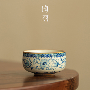 仿宋汝窑缠枝莲黄汝平川中号茶杯主人杯高颜值品茗杯功夫茶具单杯