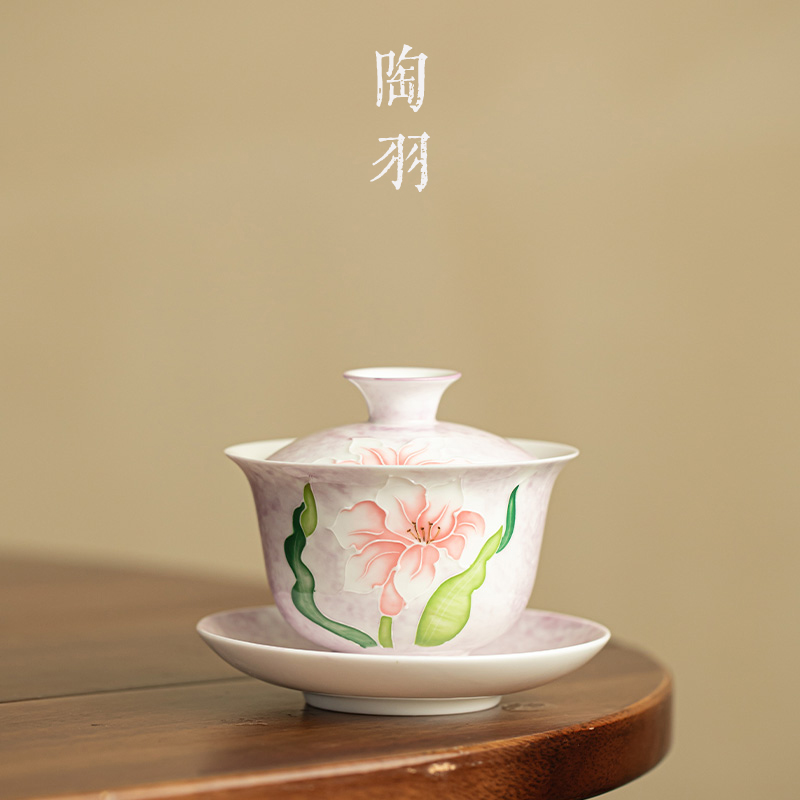 手绘堆雕朦紫百合芬芳宽口盖碗