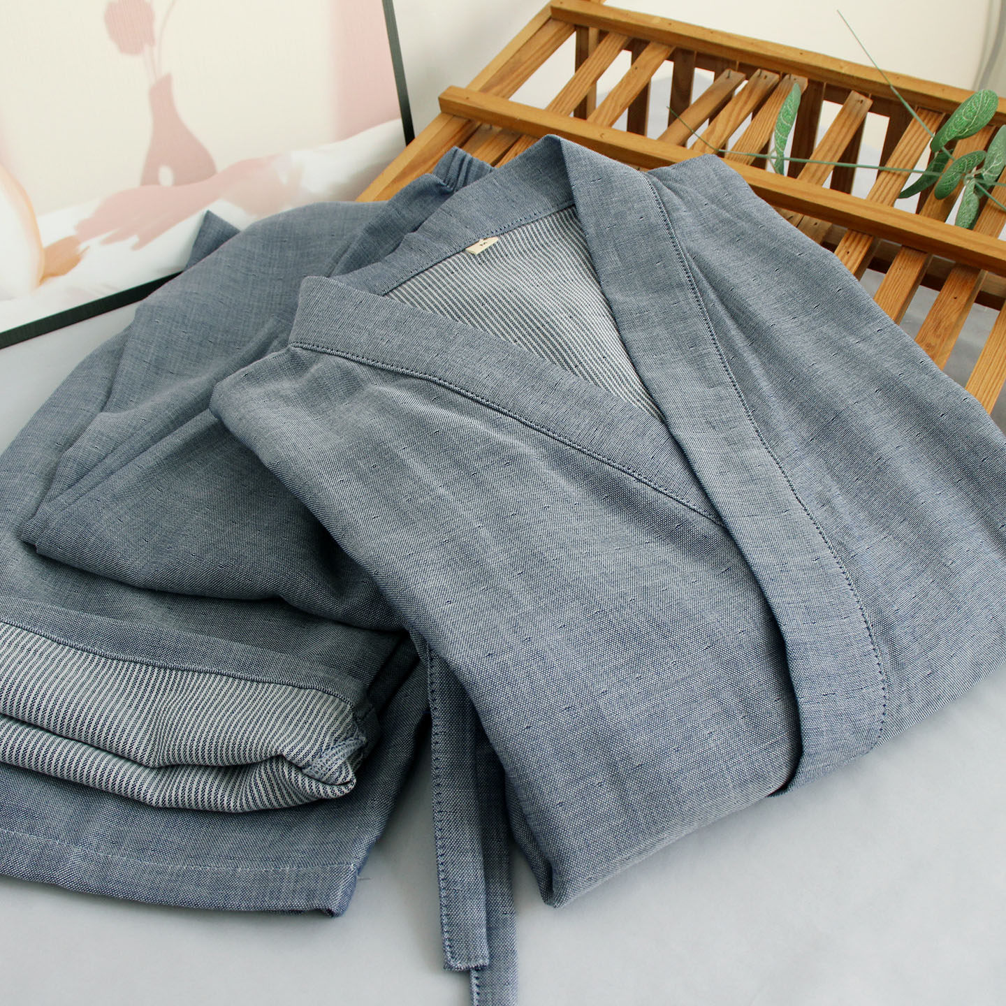 棉质纱布睡衣男士日式和服家居服套装双层纱布薄款宽松斜襟