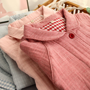 娃娃领全棉四层纱布睡衣女格子加厚纯棉家居服长袖 春秋简约柔软