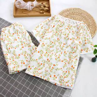 宽松全棉绉布双层棉纱家居服无领薄款 夏季 套头女 短裤 睡衣短袖