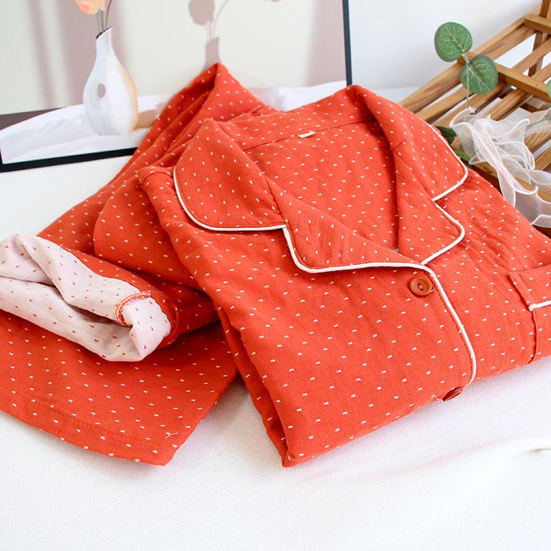 色织纯棉双层纱布家居服红色