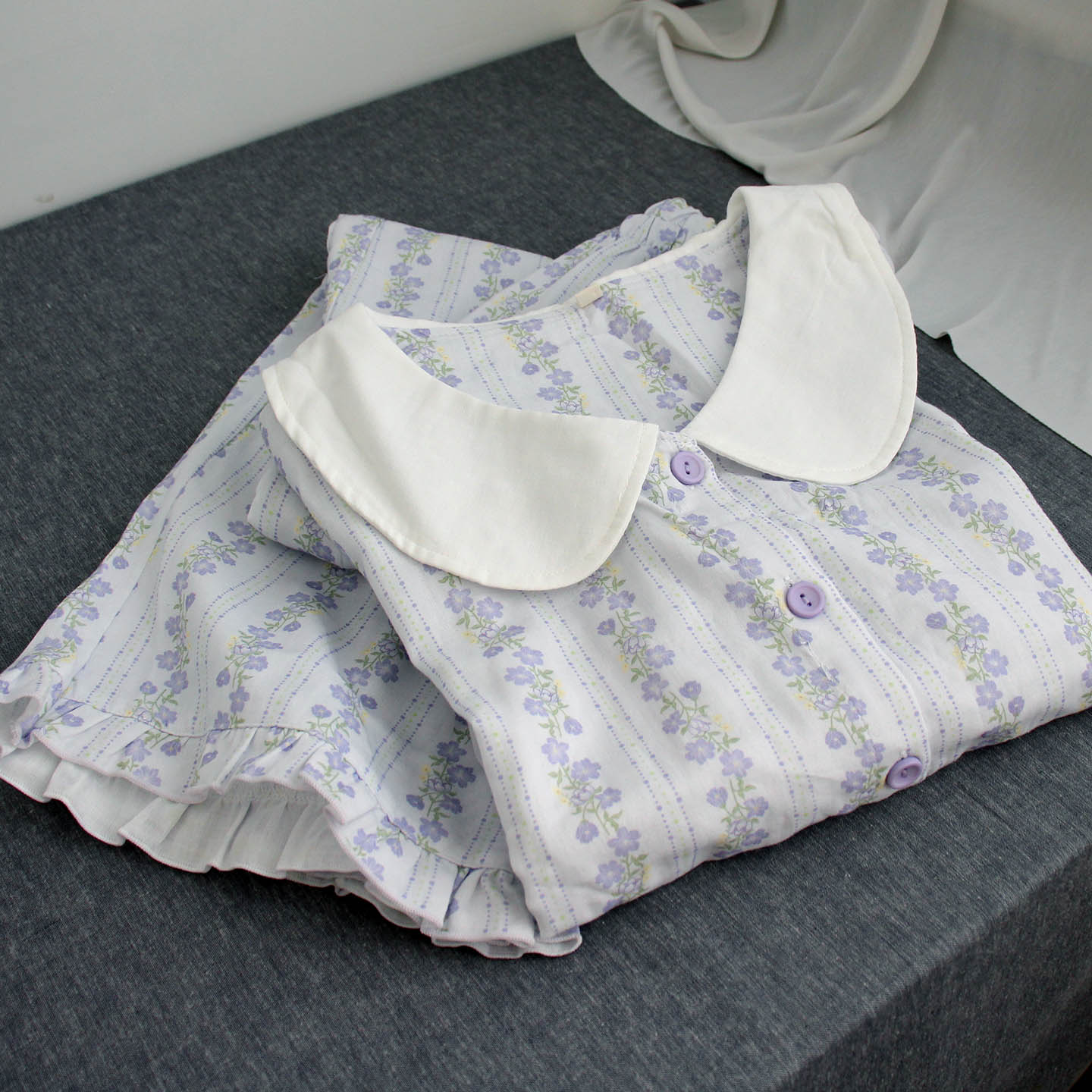 少女感碎花纱布睡衣娃娃领全开襟长袖全棉双层棉纱家居服秋季薄款