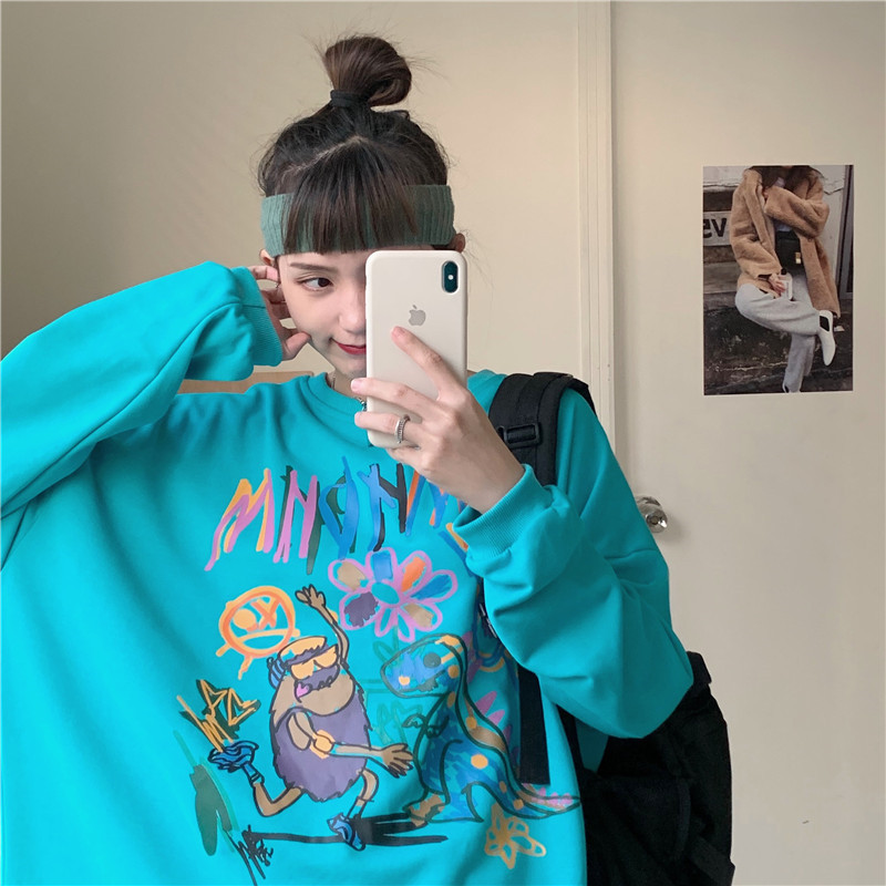 Original real shot graffiti casual foreign style versatile loose thin long sleeve sweater