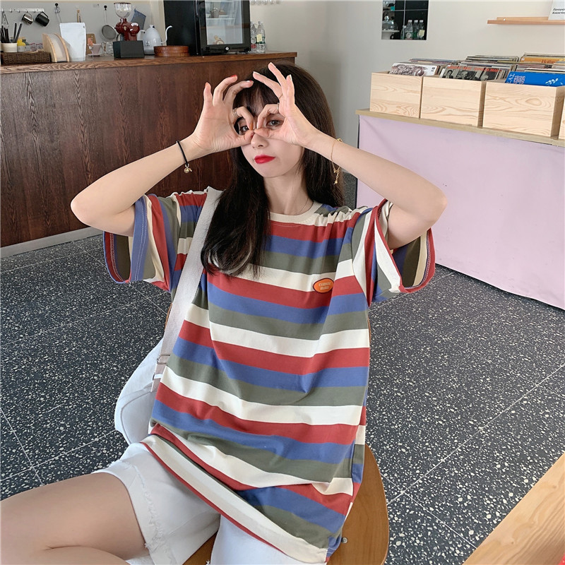 Real shot with small video 2021 spring and summer Korean loose stripe versatile short sleeve student T-shirt