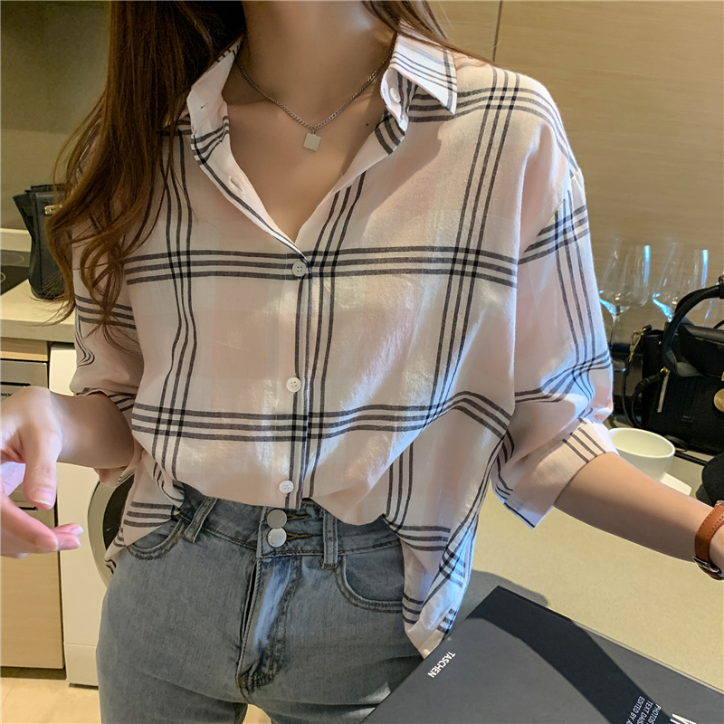 Real shot 100% COTTON PLAID short sleeve shirt women's loose BF wind heart machine top sunscreen shirt