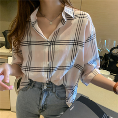 Real shot 100% COTTON PLAID short sleeve shirt women's loose BF wind heart machine top sunscreen shirt
