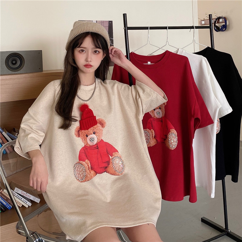 Real shot 2021 new bear round neck short sleeve T-shirt women's loose top