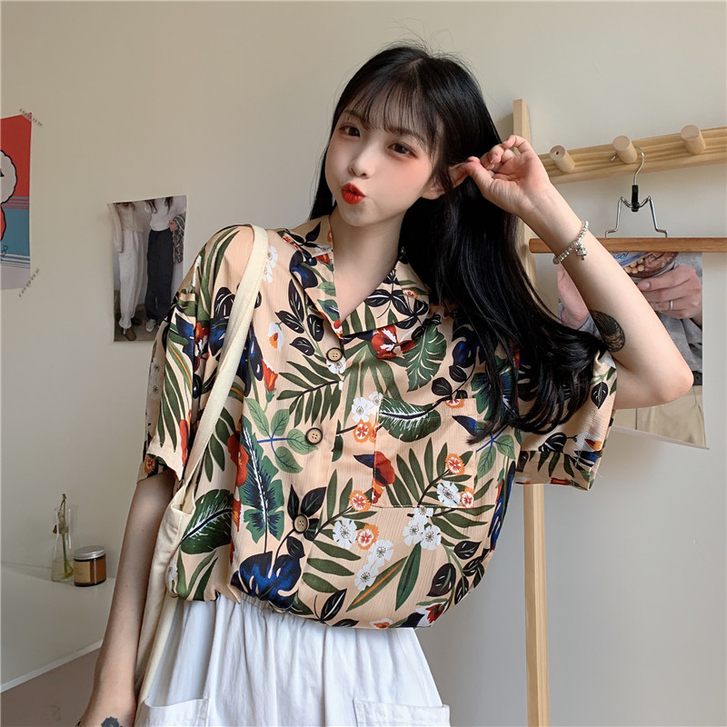 Real video Floral Top Hong Kong style retro short sleeve printed shirt women's fashion design shirt