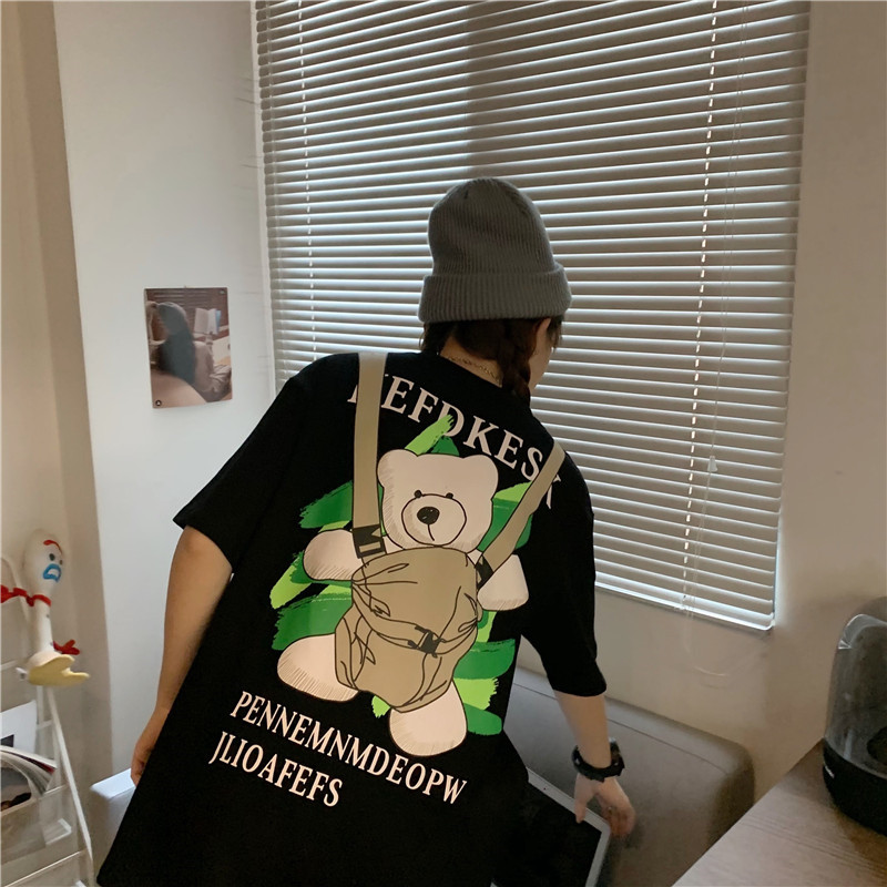 Original real shot cotton backpack bear print short sleeve T-shirt loose half sleeve top