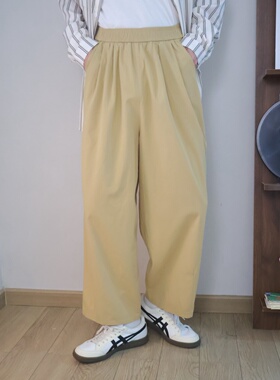 YINKESEN美式高腰阔腿裤男女卡其色夏季薄款宽松显瘦九分休闲裤潮