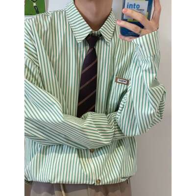 美式长袖绿色条纹衬衫男外套领带