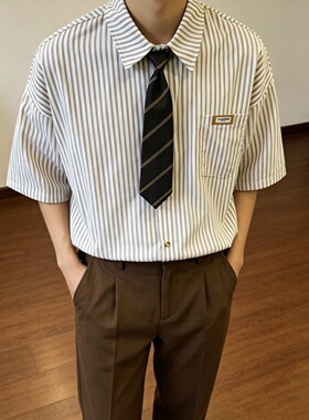 YINKESEN美式咖色条纹衬衫短袖男女休闲宽松领带复古小众设计衬衣