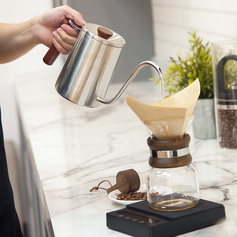 TIAMO 花梨木圆把手细口手冲咖啡细嘴壶304不锈钢滴漏式家用600ml