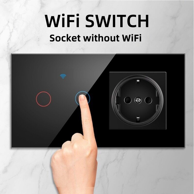 157欧标触摸WiFi开关与德式插座连体嵌入式玻璃插座玻璃面板开关