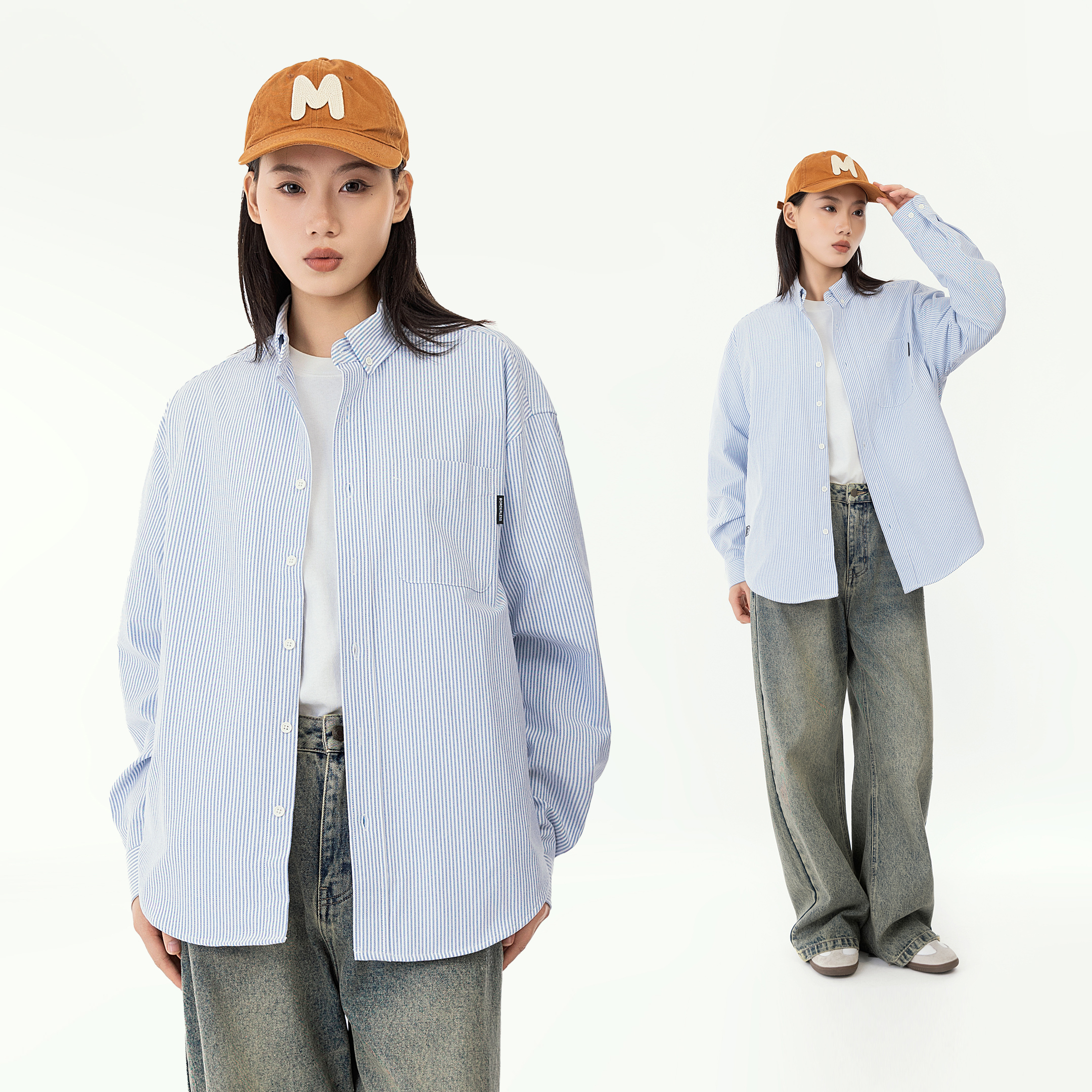 MANNSTU 2025秋季新款宽松复古长袖条纹衬衫男女同款情侣衬衣外套